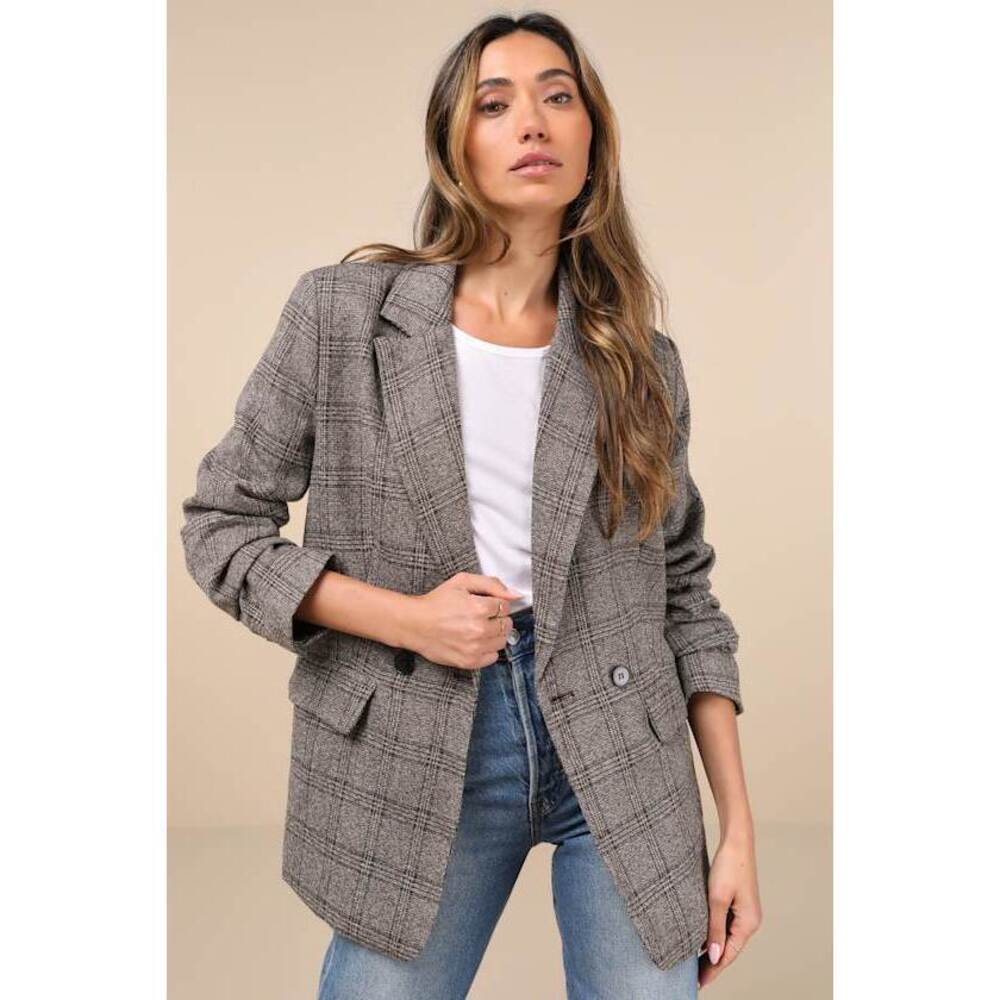 Lulus Seasoned Chicness Brown Plaid Tweed Oversized Blazer - Size L